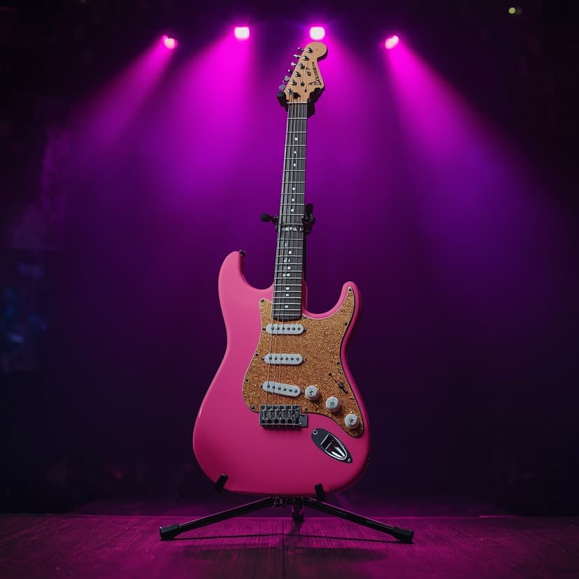 Guitarra eléctrica rosa sobre escenario