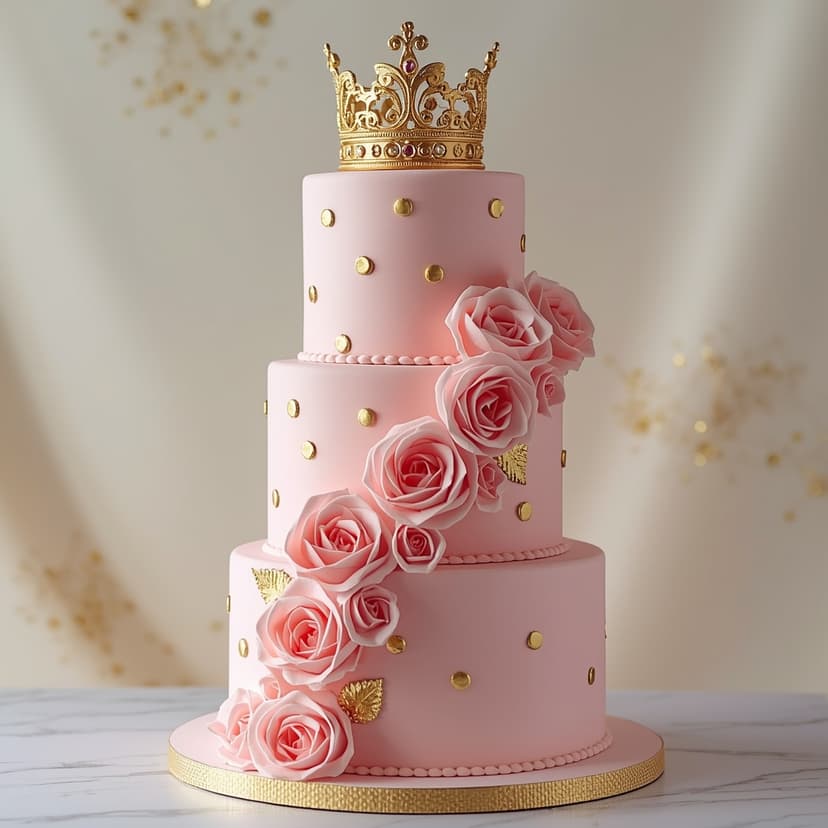 Torta princesa rosa y dorada con corona y rosas decorativas