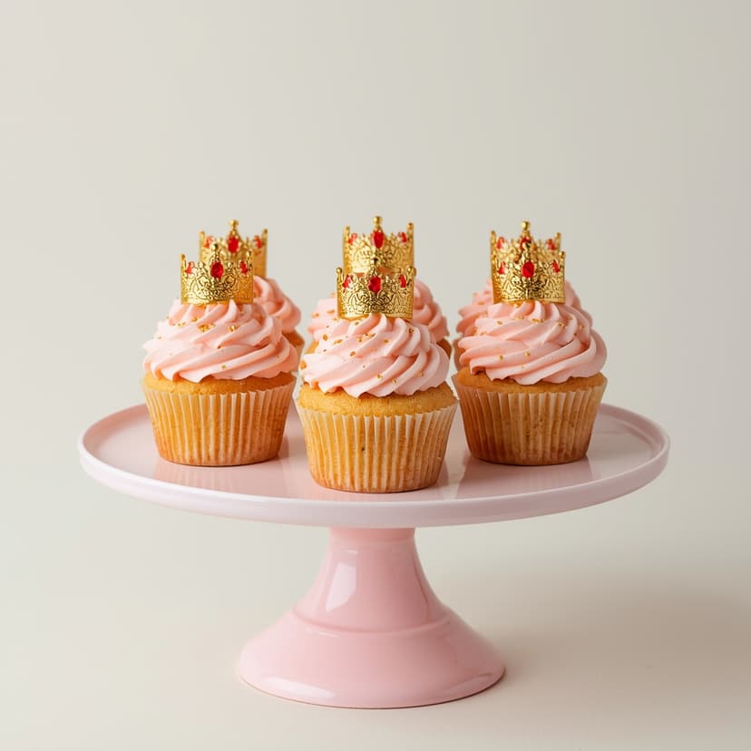 Cupcakes rosa y dorados con toppers de coronita y tiara