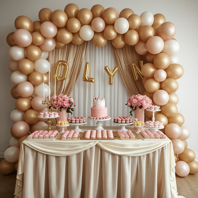 Mesa de postres real con globos dorados y corona central