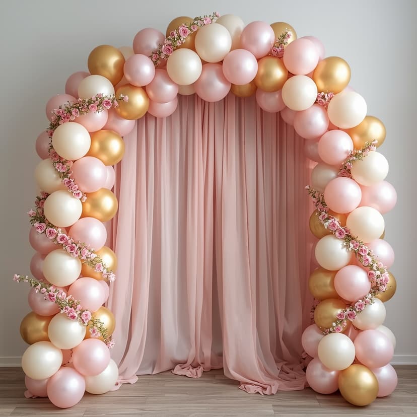 Arco de globos dorados y rosa pastel con guirnaldas de rosas