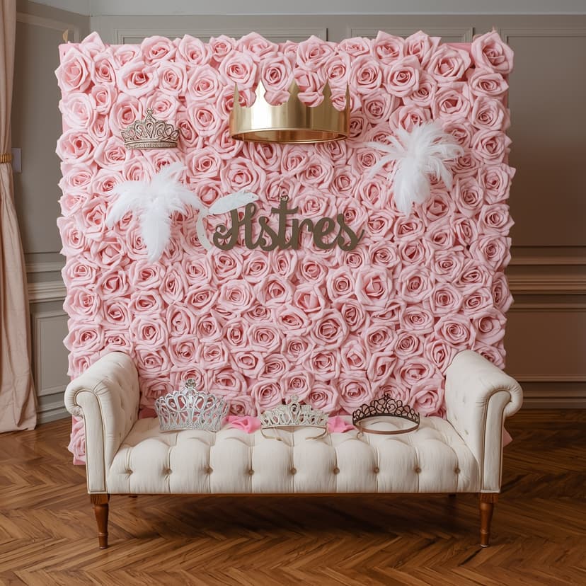 Photobooth princesa con corona, rosas y accesorios dorados