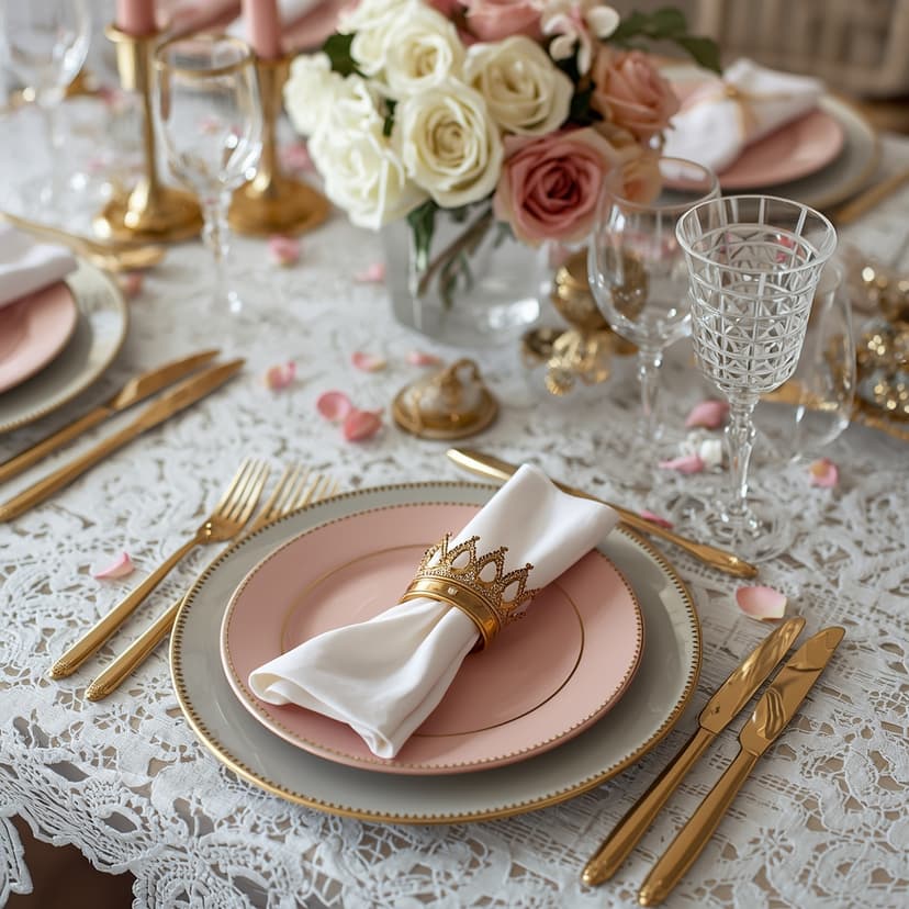 Mesa real con corona dorada, centros de rosas y detalles brillantes