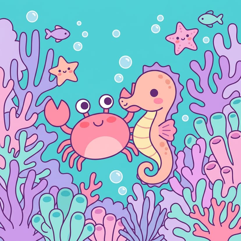 Cangrejo y caballito de mar kawaii entre corales coloridos