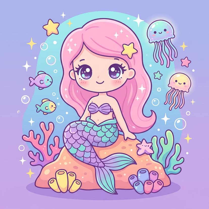 Estrella de mar con gorrito de cumple, globos y torta bajo el mar