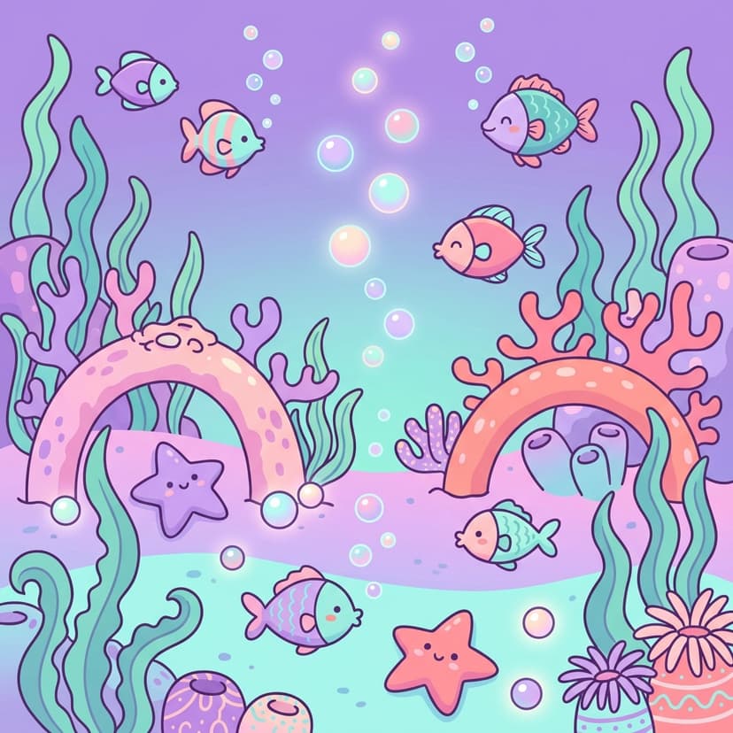 Panorámica submarina: peces kawaii, corales y cristales en lavanda y turquesa