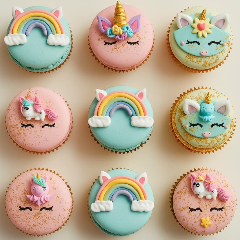 Macarons y cupcakes con decoración unicornio
