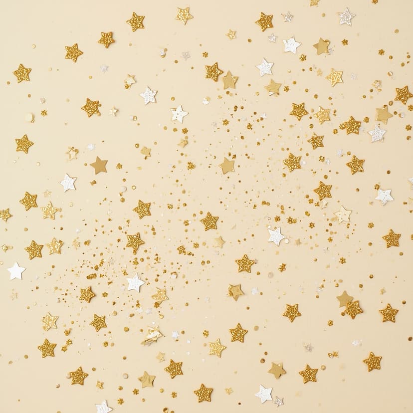 Confetti dorado y destellos sobre fondo crema
