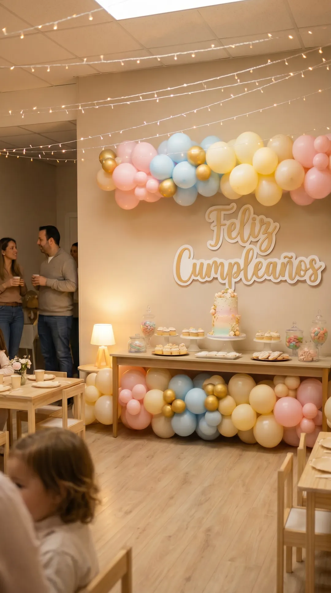 Salón decorado para un cumpleaños infantil con globos pastel y cartel de Feliz Cumpleaños